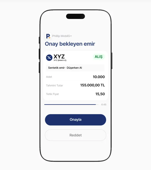 Phillip MobilG+ Onay bekleyen emir ekranı: sembol, adet, tutar, tetik fiyatı ve Onayla düğmesi.